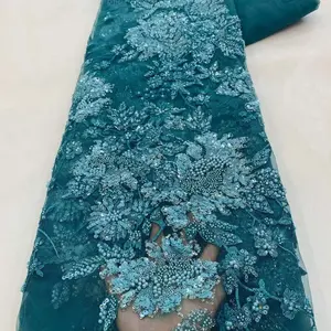 Approvisionnement d'usine africain perle lourde 3D fleur broderie sequin maille dentelle tissu pour mariage nuptiale