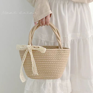 Cotton Woven Tote <b>Bag</b> Beige Lace Ribbon Bohemian Style <b>Summer</b> Beach <b>Bag</b> Everyday Use - Product Image 2