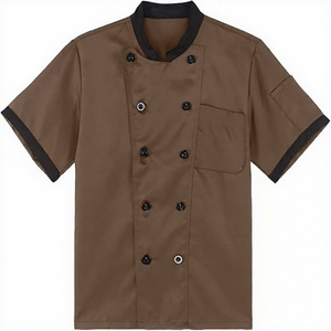 Veste de chef marron personnalisée pour homme, manches courtes, double boutonnage, col noir, uniforme professionnel de cuisine de restaurant, vente en gros - Product Image 1