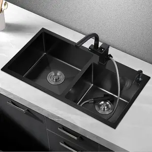 高品质定制石英厨房水槽石黑色厨房水槽双碗洗手盆含排水管