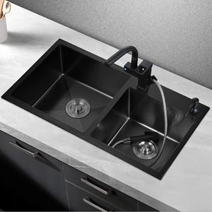 Fregadero de cocina de cuarzo personalizado de alta calidad, fregadero de cocina de Piedra Negro, cuenco <span class=keywords><strong>doble</strong></span>, <span class=keywords><strong>lavabo</strong></span> que contiene drenaje - Product Image 1