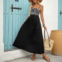 Robe longue d'été pour femme en viscose unie, noire, brodée, sans manches, coupe trapèze, pour soirée et occasions spéciales