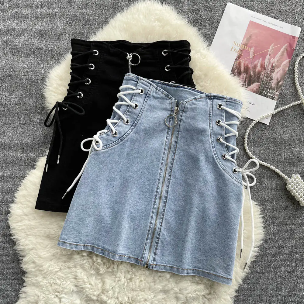 2022 Spring New Strap Zipper High Waist Denim Skirt A-line Short Skirt Korean Student A-type Hip Wrap Skirt