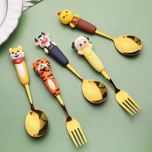 Forchette e Cucchiai per Bambini in Acciaio Inox 304 Placcato Oro con Manico in Plastica PP, Design Cartoon, Finitura a Specchio, Regalo per Feste - Product Image 3