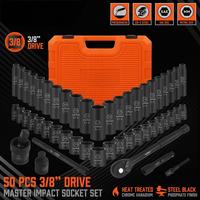 50pcs Set Perkakas Tangan Mekanik untuk Penggemar DIY, Gagang Ratchet Impact 3/8\" Drive CR-V Metrik (8-22mm) SAE (5/16-3/4-Inci) Torx