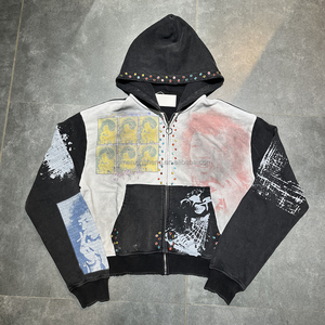 هودي رجالي ثقيل الوزن بسحاب، بتصميم ستريت وير مخصص، مزين بتطريز وطباعة ورسومات، مرصع بأحجار الراين، مغسول بتأثير الأحماض، من مصنعي الملابس - Product Image 2