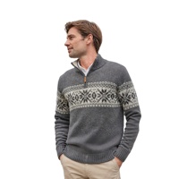 Pull en tricot gris à motif flocon de neige nordique pour homme avec logo personnalisé, mélange de laine, col zippé 1/4, pour l'hiver, décontracté