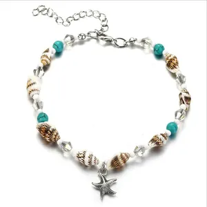 Retro turquoise conch anklet alloy pendant small starfish handmade foot chain crystal rice bead beach anklet