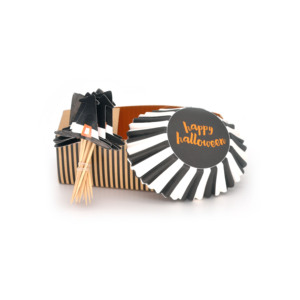 Kit <span class=keywords><strong>de</strong></span> Decoración para 24 Cupcakes <span class=keywords><strong>de</strong></span> Halloween, Adornos <span class=keywords><strong>de</strong></span> Sombrero <span class=keywords><strong>de</strong></span> Bruja y Envoltorios a Rayas con la Frase Happy Halloween para Postres <span class=keywords><strong>de</strong></span> Fiesta - Product Image 1