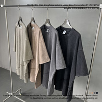 Kaos Pria Gaya Jalanan Amerika 275g Distressed Vintage Patchwork Frayed Edge Personalized Drop-Shoulder Lengan Pendek