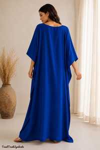 Premium Royal Blue Linen Cotton <b>Kaftan</b> Women Handmade Oversized Maxi Dress Bohemian Eco-Friendly V-neck A-Line Belt XS-7XL Beach - Product Image 1