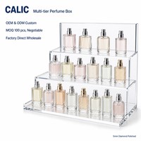 Boîte de présentation de parfums moderne en acrylique Calic, multi-niveaux, forme personnalisée, étui transparent à étages pour comptoir de vente de parfums, logo personnalisé