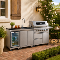 Cuisine extérieure moderne de luxe haut de gamme, barbecue à gaz en acier inoxydable 6 brûleurs, double porte, évier et réfrigérateur, certifié CE