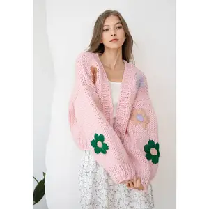 VSCOO Chunky Cropped Cardigan Women Sweater Hand Knitted Embroidery Colorful Flowers Open Front Thick Plus Size Lady Top Casual
