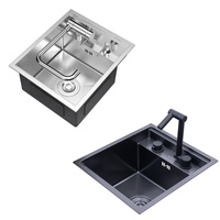 Évier de cuisine portable OEM à cuve unique en acier inoxydable SS304, multifonctionnel, sans robinet, 450*350mm, avec couvercle noir pour évier de bar