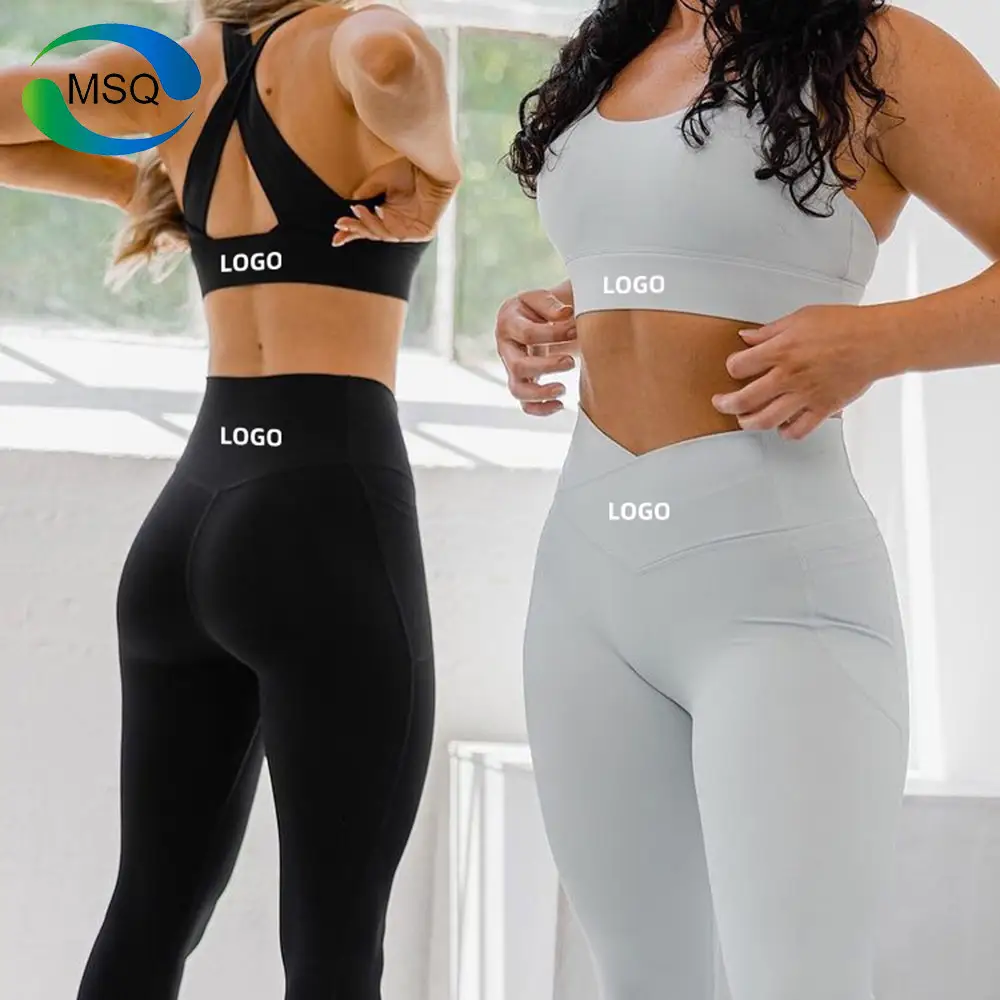 Custom Ropa Deportiva Mujer Sports Women Plus Size V Shape Scrunch Leggings Activewear Gym Fitness Workout Yoga Sets With Pocket