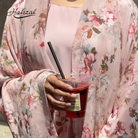 Abaya ouverte personnalisée Hafizah OEM à imprimé floral rose, robe musulmane pour femmes, en mousseline transparente à manches larges, style Dubaï, robe islamique modeste pour l'Aïd