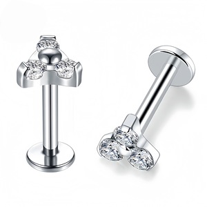 G23 <b>Titanium</b> Tri Zircon Lip Stud Earrings 1.2x6mm 1.2x8mm 1.2x10mm Flower Shape Piercing Jewelry For Ear Cartilage - Product Image 5