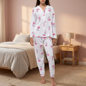 Women's Comfortable Elastic Waist 100% Cotton Jersey <b>Pyjamas</b> Soft Full-Length Classic Button Front Sleepwear <b>for</b> <b>Summer</b> - Product Image 3