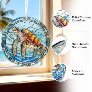 Turtle Suncatchers Stained Glass <b>Window</b> Hanging Turtle Ocean Suncatcher Glass <b>Panel</b> with Riband Hangings Marine Life Sun Catcher - Product Image 3