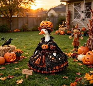 Statue de canard d'hiver pour porche, déguisée en roi citrouille d'Halloween, pour jardin extérieur, décoration de fête, design terrifiant - Product Image 6