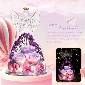 Statuette di Angeli sotto Cupola di Vetro - Regali di Natale e Compleanno per Donne, Mamme, Mogli - Confezione Regalo con Rose Vere Conservate, Fiori Eterni - Product Image 2