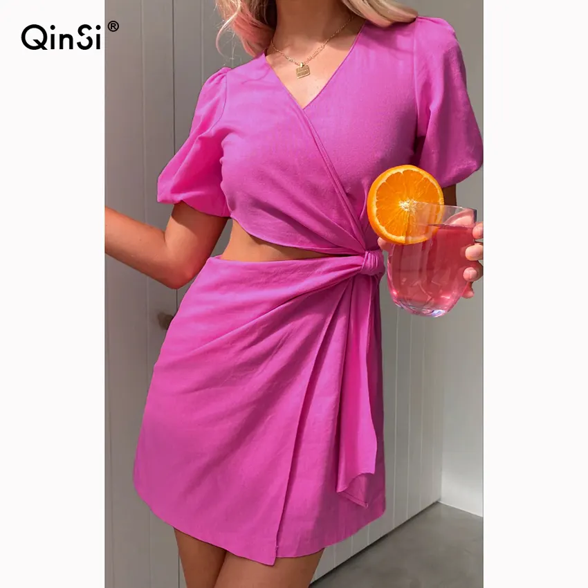QINSI V-Neck Puff Sleeve Mini Dress New Women 2022 Cotton Linen Lace Up Pink Pencil Dress Sexy Hollow Out Summer Wrap Dresses