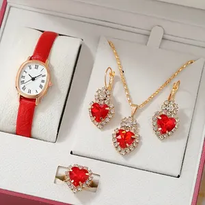 6104 Casual Oval Pointer Quartz Watch Lady Rome Dial Analog Women Leather Watches &4pcs Jewelry Set Parts For Wedding