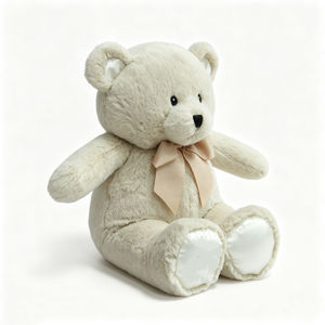 Oso de peluche personalizado color crema con detalles en satén, oso de peluche en pose sentada con corbatín, oso de peluche con almohadillas de satén en las patas - Product Image 5