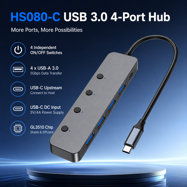 Wholesale Aluminum 5 in 1 USB C Hub with on Off Switches GL3510 Chip 5Gbps Powered 4 Port USB 3.0 Splitter Adapter for PC