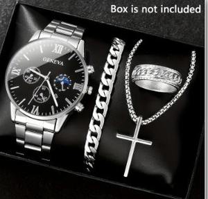 Wholesale Fashion Stainless Steel Quartz <strong>Watch</strong> Bracelet Cross Necklace Jewelry Classic Boy Gold <strong>Geneva</strong> <strong>Watches</strong> <strong>Set</strong> for Men - Product Image 4