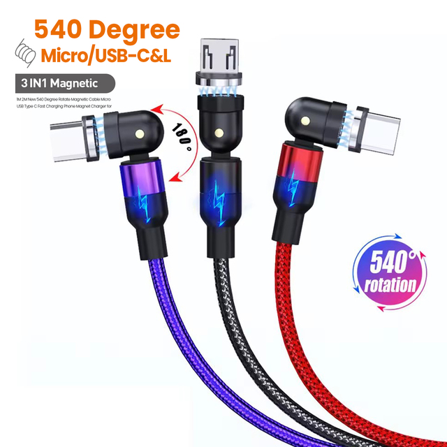 EONLINE 1M 2M New 540 Degree Rotate Magnetic Cable Micro USB Type C Fast Charging Phone Magnet Charger for Samsung Xiaomi Huawei