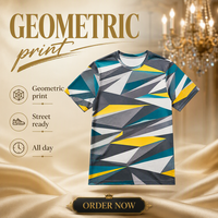 T-shirt pour homme en popeline 3D AOP avec motif, 100% polyester, cyan gris pierre, jaune, séchage rapide, respirant, col rond, prêt à être expédié