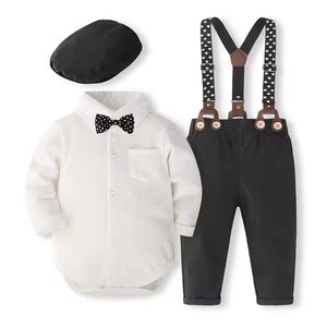 Nouveaux ensembles de vêtements pour bébé garçon, tenues de baptême pour nourrissons, combinaisons de baptême pour garçon, 0-24 mois, barboteuse blanche, nœud papillon, <span class=keywords><strong>pantalon</strong></span> à bretelles - Product Image 3