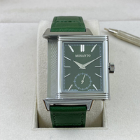 Jam Tangan Pria Mekanis Bentuk Persegi Retro Dial Detik Kecil Tali Kulit Hijau Jam Tangan Manual Bisnis Kasual