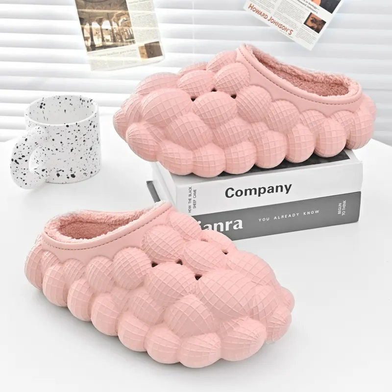 2022 Winter Warm House Indoor Plush Eva Cotton Furry Bubble Slippers Shoes Women Foam Bubble Slides With Fur