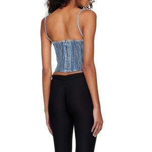 Custom Women Blue Bustier Denim Tank <b>Top</b> Paneled Square Neck Shoulder Straps <b>Cropped</b> Hem Jean Tank <b>Top</b> - Product Image 3