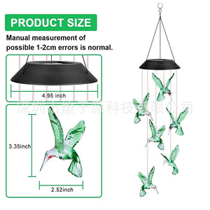 Campana de Viento Solar con Forma de Colibrí, Luz LED de Color Cambiante, Decoración Colgante para Jardín, Impermeable y Recargable - Product Image 4