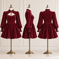 Mini-robe personnalisée pour femme en velours côtelé avec col à volants, encolure à découpe, manches longues bouffantes et jupe froncée évasée