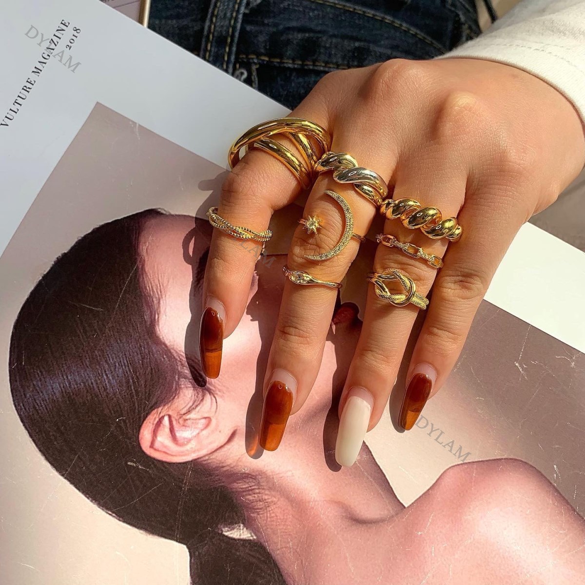 Gold 10 JENNIE SHOP Hollow Big Triangle Crystal Multilayers Gold Rings Women Fashion Jewelry Gold 10 JENNIE SHOP Hollow Big Triangle Crystal Multilayers Gold Rings Women Fashion Jewelry