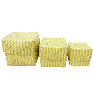 <b>Square</b> Natural Palm Leaf Modern Vietnam Eco-Friendly Stackable Multi-Purpose Storage <b>Baskets</b> Set Decorative Boxes Yellow Weave - Product Image 2