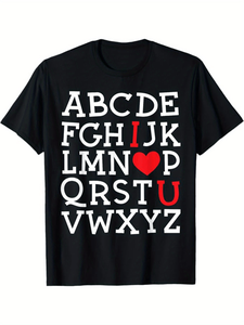 T-shirt casual nera girocollo a maniche corte con stampa Love Letter e cuore rosso, regalo di San Valentino per lui, vestibilità regular da uomo - Product Image 1