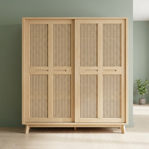Armoire en bois moderne avec portes à panneaux perforés, armoire de rangement autoportante pour chambre à coucher, design scandinave - Product Image 3