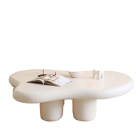 Ensemble Table Basse Moderne Créatif en Fibre de Verre Blanc Crème Ondulé, Design Table Centrale en Bois pour Salon, Mobilier de Maison et Villa