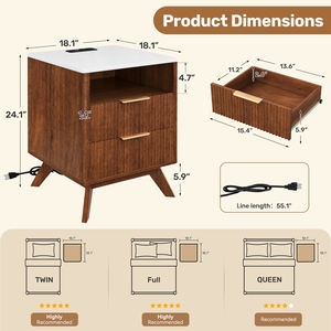 Table de chevet intelligente 3 tiroirs de style Mid-Century avec station de charge, prises CA, ports USB et étagère de rangement ouverte pour chambre à coucher et entrée - Product Image 3