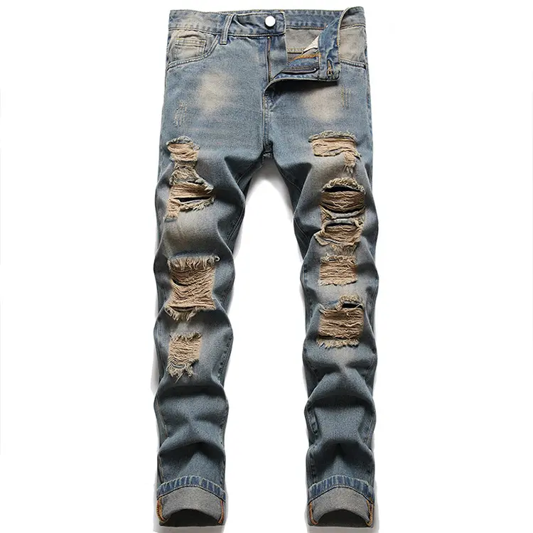New Bulk Wholesale Men's Classic Ripped Jeans Slim Washed Fashion Blue Denim Pants