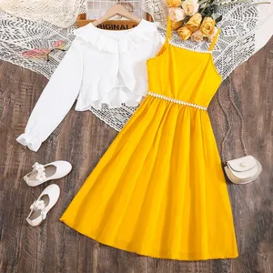 New pattern youth girl children's clothes white shirt top yellow dress two pieces set school student daily fashion kids clothing