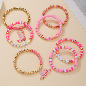 Bracelet en céramique souple avec perles et lettres roses HL personnalisées Bracelet à breloques empilées en corde élastique de style cowboy occidental plaqué or - Product Image 4
