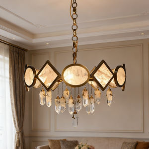 Lampe suspendue moderne minimaliste personnalisée en pierres précieuses, artisanale, avec cadre en fer et cristal, lumière blanc chaud, pour l'intérieur - Product Image 1