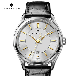 นาฬิกา PONIGER ระบบไขลานอัตโนมัติ ขนาด 42 มม. บางเพียง 10 มม. พร้อมโรเตอร์ลายวงแหวนแบบกำหนดเอง 21 จิวเวล ปฏิทิน แสดงวันที่ หยุดวินาที กันน้ำได้ลึก 50 เมตร - Product Image 1